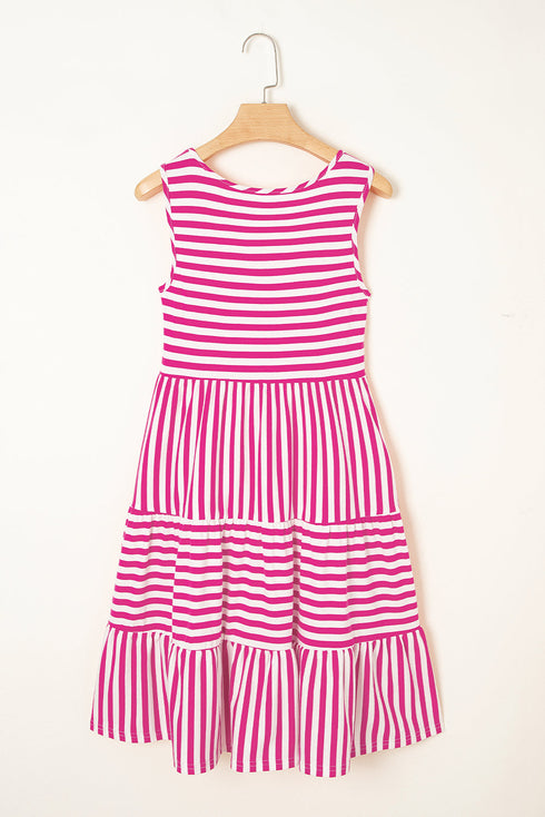 Mixed Stripe Print Sleeveless Tiered Loose Fit Casual Mini Tank Dress
