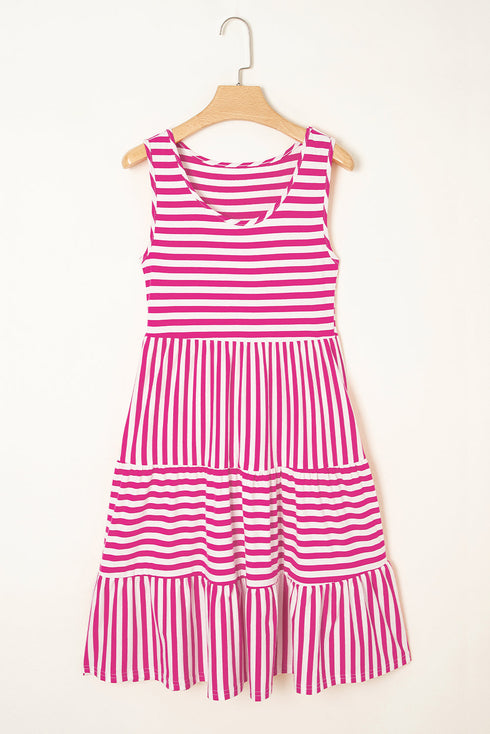 Mixed Stripe Print Sleeveless Tiered Loose Fit Casual Mini Tank Dress