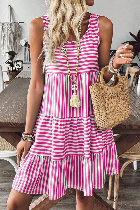 Mixed Stripe Print Sleeveless Tiered Loose Fit Casual Mini Tank Dress