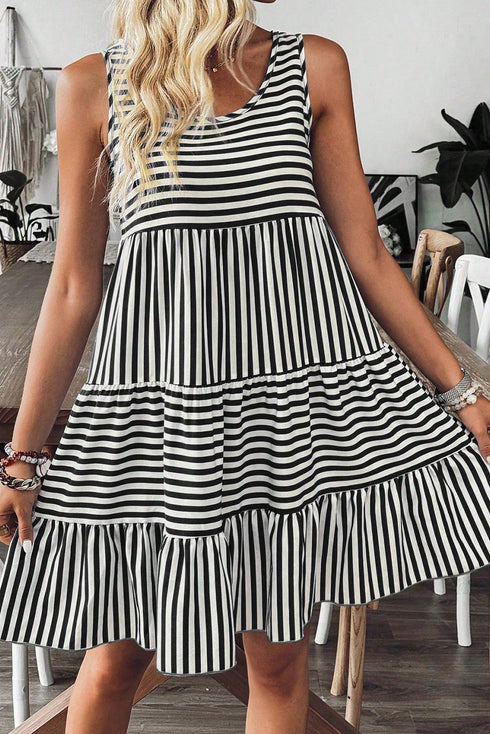 Mixed Stripe Print Sleeveless Tiered Loose Fit Casual Mini Tank Dress