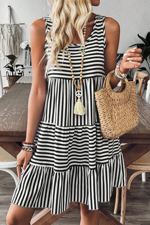 Mixed Stripe Print Sleeveless Tiered Loose Fit Casual Mini Tank Dress
