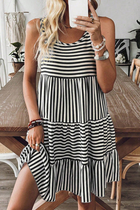 Mixed Stripe Print Sleeveless Tiered Loose Fit Casual Mini Tank Dress