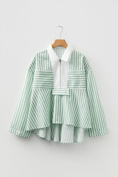 Mixed Stripe Quarter Zip Long Sleeve Woven Pullover