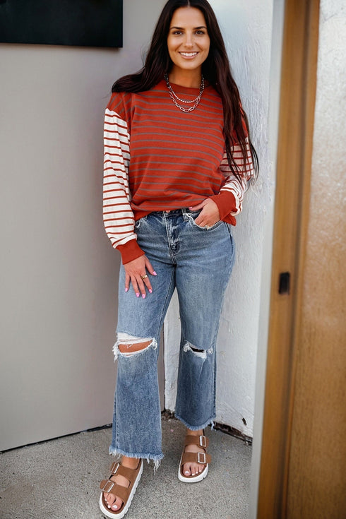 Mixed Stripe Relaxed Fit Crew Neck Pullover