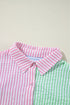 Mixed Stripe Seersucker Puff Sleeve Button Down Shirt