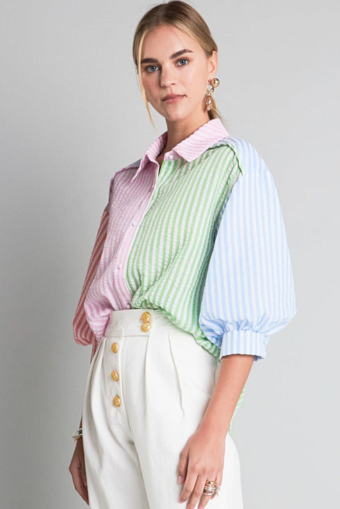 Mixed Stripe Seersucker Puff Sleeve Button Down Shirt