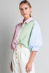 Mixed Stripe Seersucker Puff Sleeve Button Down Shirt