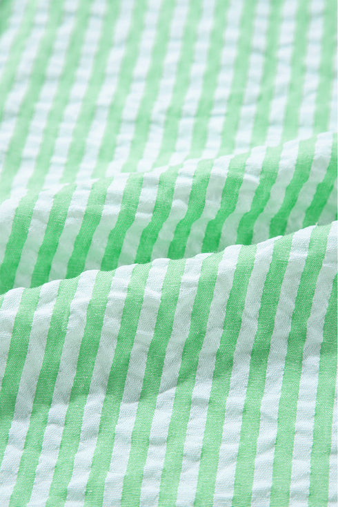 Mixed Stripe Seersucker Puff Sleeve Button Down Shirt