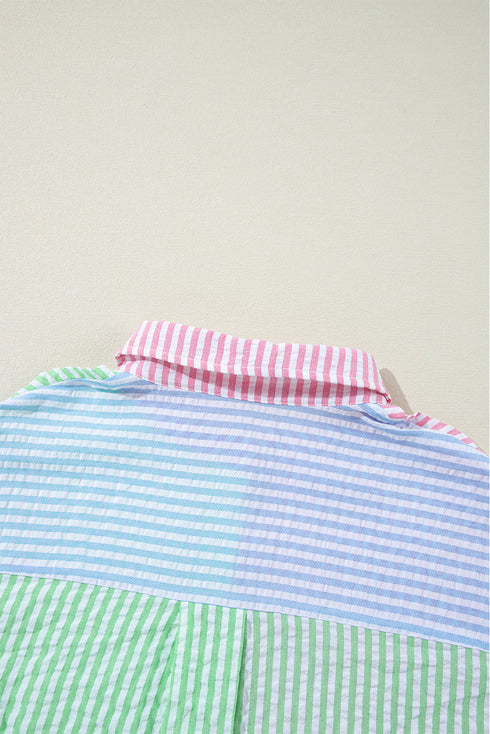 Mixed Stripe Seersucker Puff Sleeve Button Down Shirt