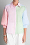 Mixed Stripe Seersucker Puff Sleeve Button Down Shirt
