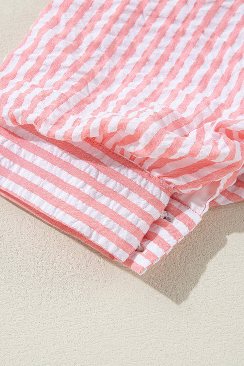 Mixed Stripe Seersucker Puff Sleeve Button Down Shirt