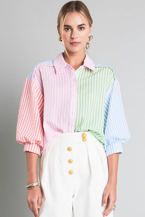 Mixed Stripe Seersucker Puff Sleeve Button Down Shirt