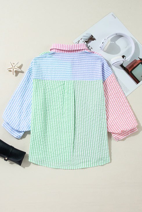 Mixed Stripe Seersucker Puff Sleeve Button Down Shirt