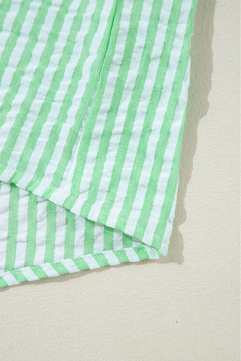 Mixed Stripe Seersucker Puff Sleeve Button Down Shirt