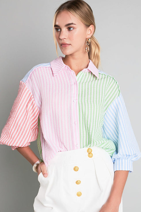Mixed Stripe Seersucker Puff Sleeve Button Down Shirt