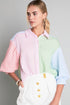 Mixed Stripe Seersucker Puff Sleeve Button Down Shirt