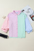 Mixed Stripe Seersucker Puff Sleeve Button Down Shirt