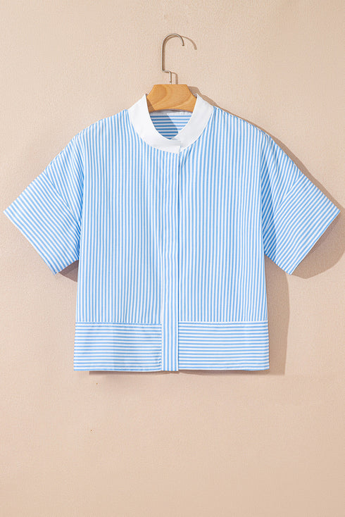 Mixed Stripe Short Sleeve Boxy Button Up Shirt