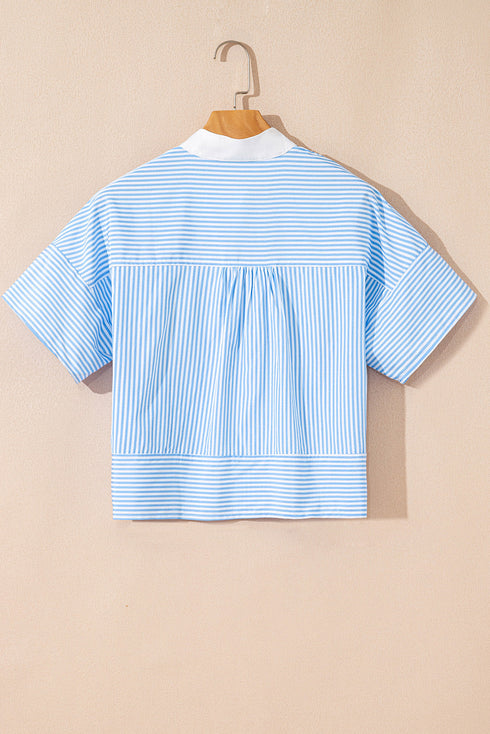 Mixed Stripe Short Sleeve Boxy Button Up Shirt