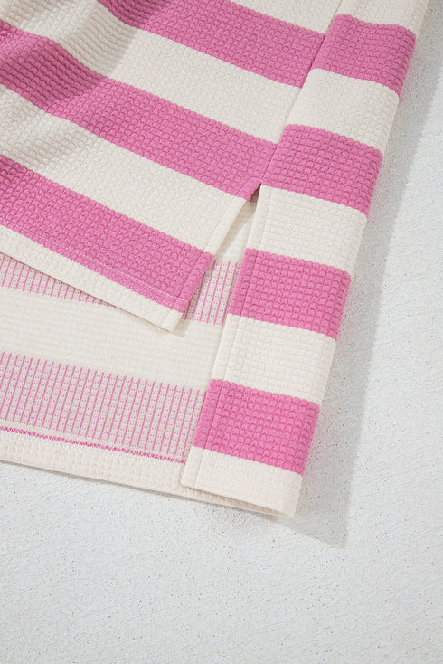 Mixed Stripe Texture Patchwork Short Sleeve High Low Top