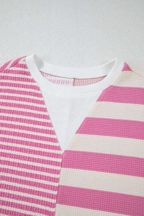 Mixed Stripe Texture Patchwork Short Sleeve High Low Top