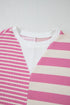Mixed Stripe Texture Patchwork Short Sleeve High Low Top