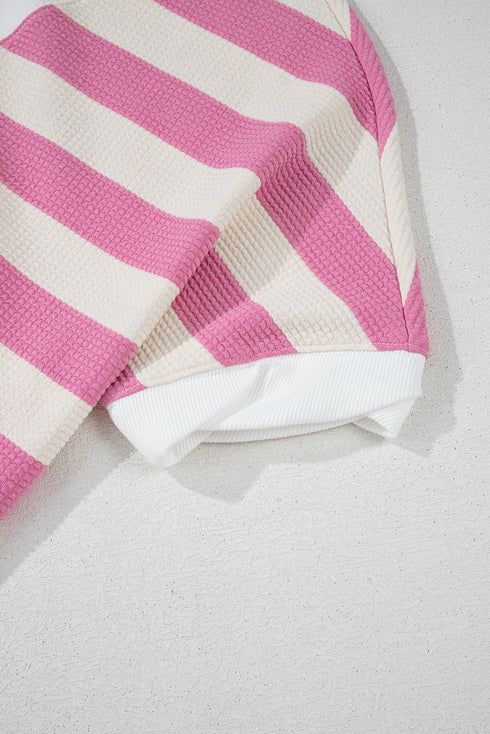 Mixed Stripe Texture Patchwork Short Sleeve High Low Top
