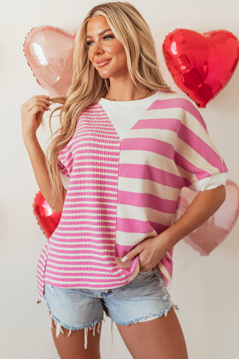 Mixed Stripe Texture Patchwork Short Sleeve High Low Top