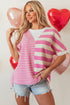 Mixed Stripe Texture Patchwork Short Sleeve High Low Top