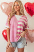 Mixed Stripe Texture Patchwork Short Sleeve High Low Top