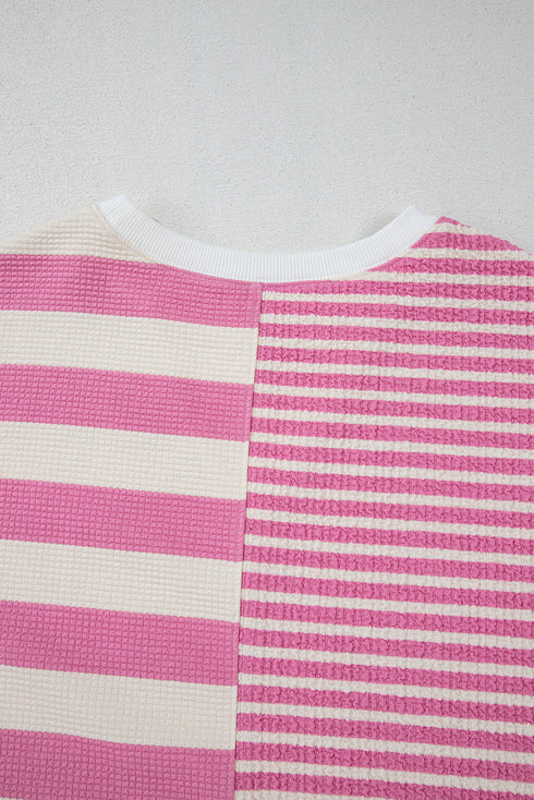 Mixed Stripe Texture Patchwork Short Sleeve High Low Top