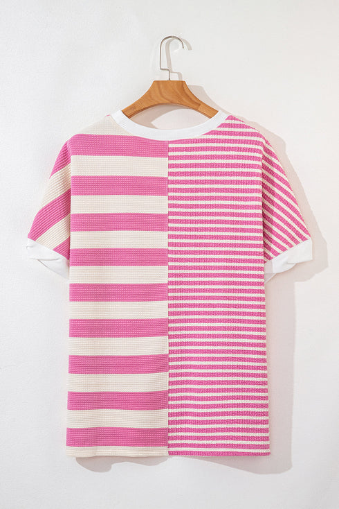 Mixed Stripe Texture Patchwork Short Sleeve High Low Top