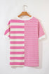 Mixed Stripe Texture Patchwork Short Sleeve High Low Top