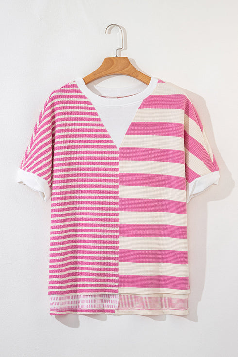 Mixed Stripe Texture Patchwork Short Sleeve High Low Top
