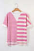 Mixed Stripe Texture Patchwork Short Sleeve High Low Top