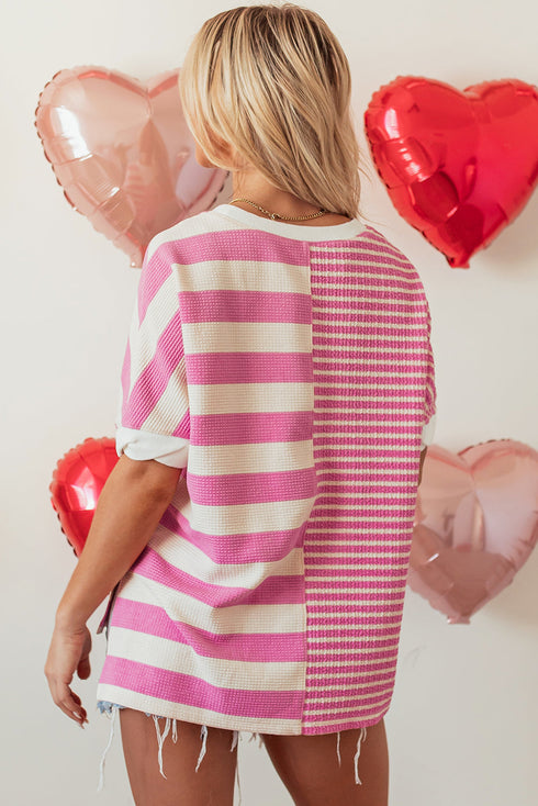 Mixed Stripe Texture Patchwork Short Sleeve High Low Top