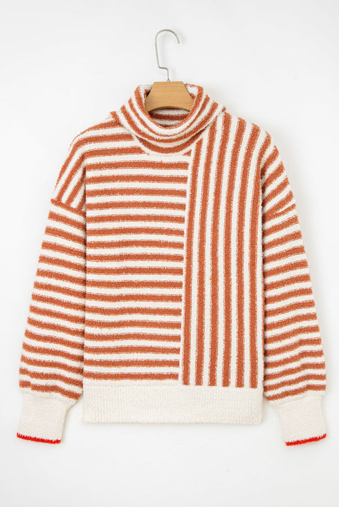 Mixed Stripe Textured Cowl Neck Pullover Sweater