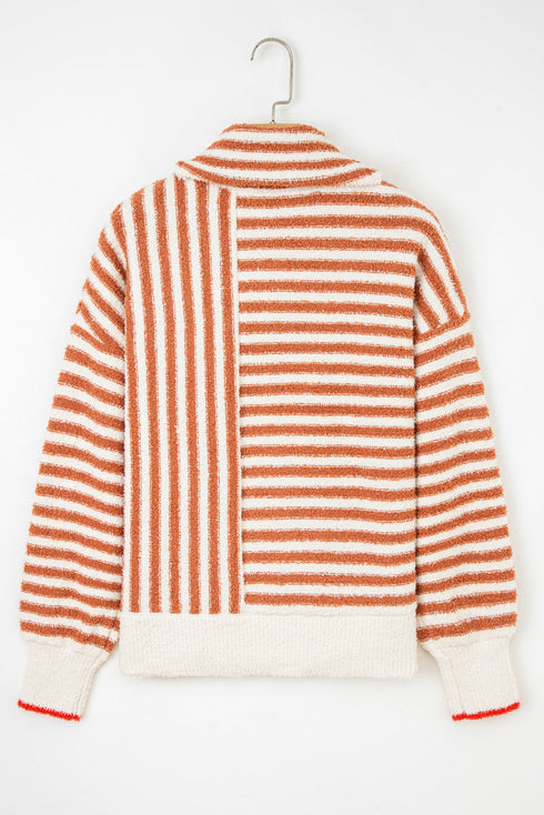 Mixed Stripe Textured Cowl Neck Pullover Sweater