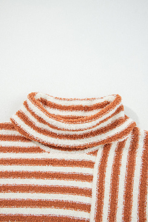 Mixed Stripe Textured Cowl Neck Pullover Sweater