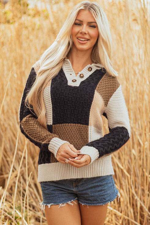 Mixed Texture Button Collar Patchwork Pullover Sweater