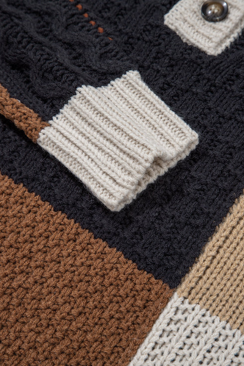 Mixed Texture Button Collar Patchwork Pullover Sweater