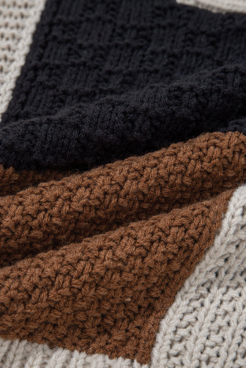 Mixed Texture Button Collar Patchwork Pullover Sweater