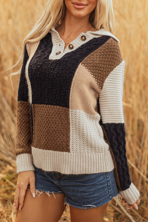 Mixed Texture Button Collar Patchwork Pullover Sweater