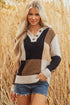 Mixed Texture Button Collar Patchwork Pullover Sweater