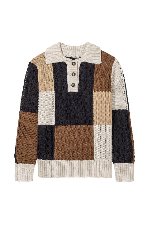Mixed Texture Button Collar Patchwork Pullover Sweater