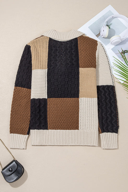 Mixed Texture Button Collar Patchwork Pullover Sweater