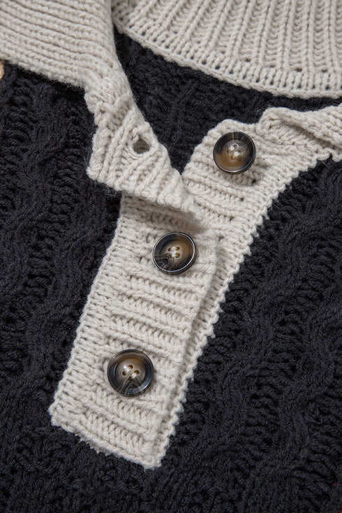 Mixed Texture Button Collar Patchwork Pullover Sweater