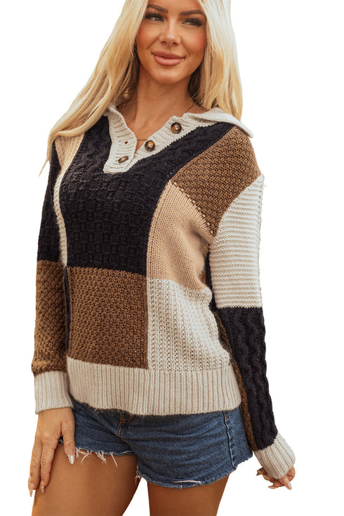 Mixed Texture Button Collar Patchwork Pullover Sweater