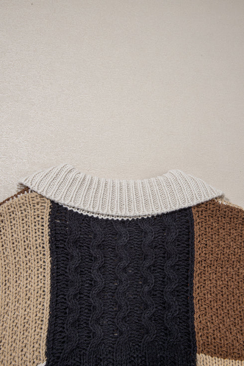 Mixed Texture Button Collar Patchwork Pullover Sweater