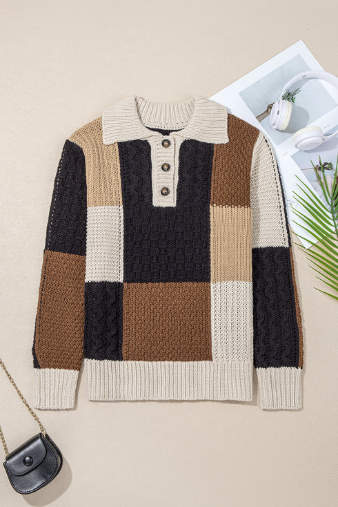 Mixed Texture Button Collar Patchwork Pullover Sweater